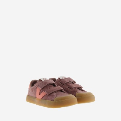 Sapatilhas infantis cor-de-rosa com tiras de velcro e sola castanha