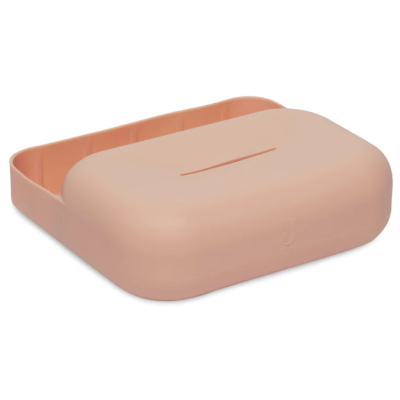 Caixa de sabão rosa claro com tampa arredondada e fenda no centro