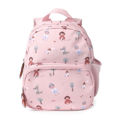 Mochila infantil rosa com padrão de personagens e bolsos