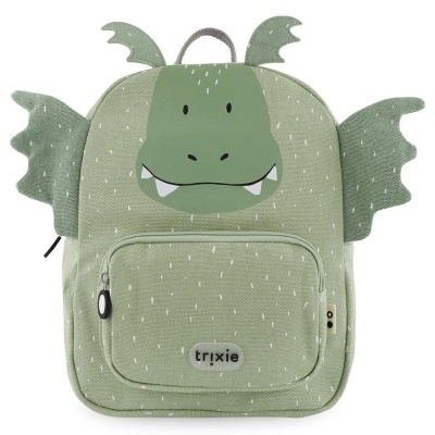 mochila infantil verde claro com desenho de dragão e etiqueta 'trixie'