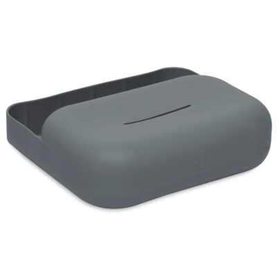 saboneteira cinza de plástico com tampa arredondada e fenda no centro