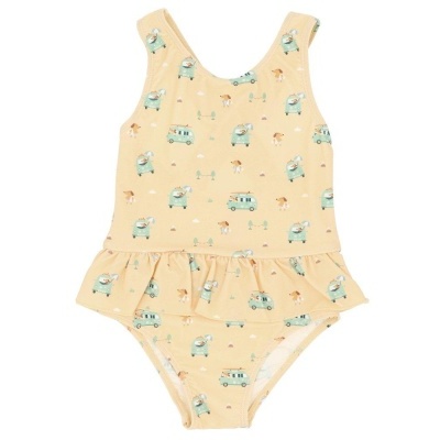 Fato de banho de criança rosa claro com padrão de elefantes, autocarros e flores