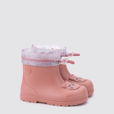 Botas de chuva cor-de-rosa para criança com estampado e detalhes de gato