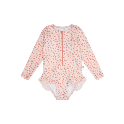 Fato de banho infantil rosa com padrão de folhas e fecho frontal