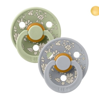 Dois chupetas BIBS com padrão floral, uma verde e outra cinza
