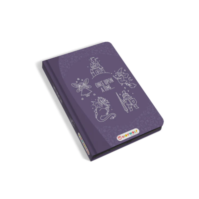 Livro com capa dura roxa e desenhos de fantasia com texto 'ONCE UPON A TIME'