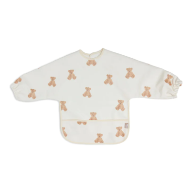 Babete de manga longa com estampado de ursinhos em fundo branco