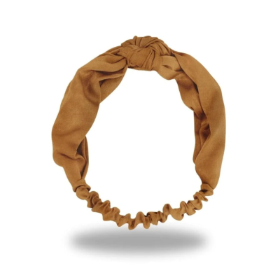Faixa de cabelo de tecido castanho com nó decorativo e elástico