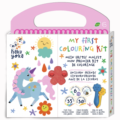 Kit de colorir infantil com tema de unicórnios e flores em embalagem branca com alça rosa