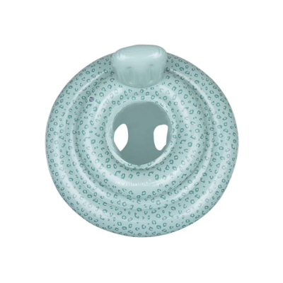 Colchonete insuflável azul claro com padrão de manchas verdes e assento central vazado