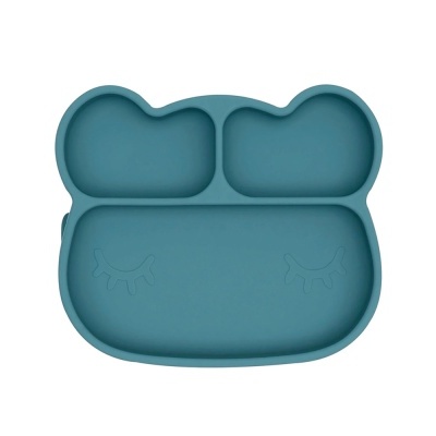 Prato infantil azul em silicone com compartimentos e formato de urso