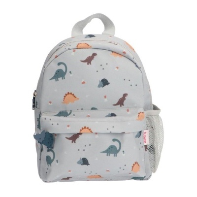 Mochila cinzenta para crianças com padrão de dinossauros coloridos