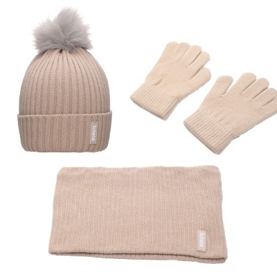 Conjunto de gorro, luvas e cachecol bege em malha com pompom cinzento