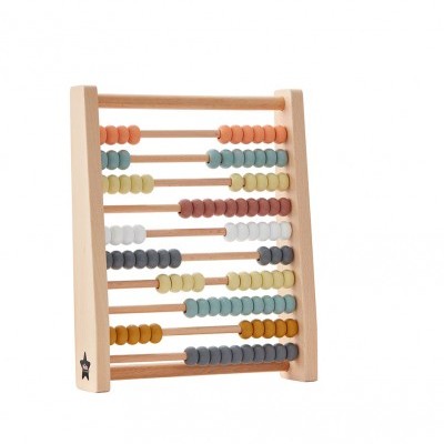 Ábaco de madeira com contas coloridas em diferentes tons e estrutura triangular