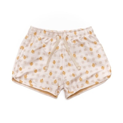 Calções de criança brancos com padrão amarelo e cintura elástica