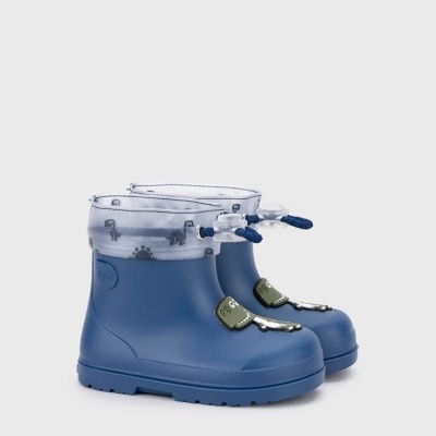 Botas de chuva azuis para criança com cordão ajustável e decoração no punho