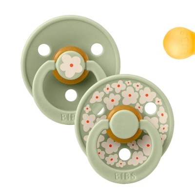Conjunto de duas chupetas verdes com flores brancas e cor-de-rosa, silicone, marca BIBS.