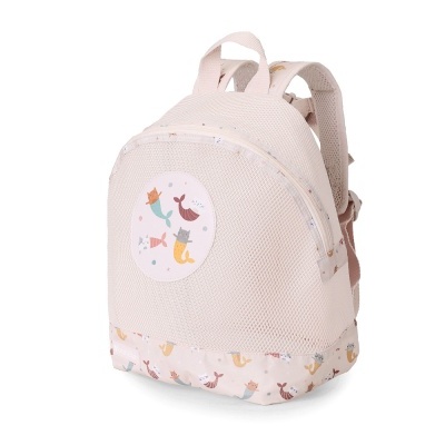Mochila infantil rosa com gatinhos sereia e tecido mesh