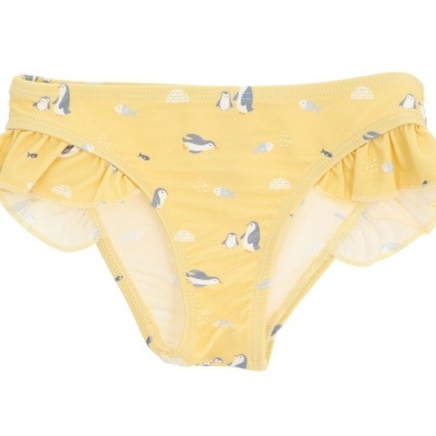 Cueca de banho amarela com estampado de pinguins para criança