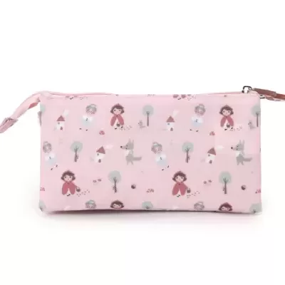 Porta-lápis rosa claro com padrão de desenhos infantis, fecho prateado e puxador tecido