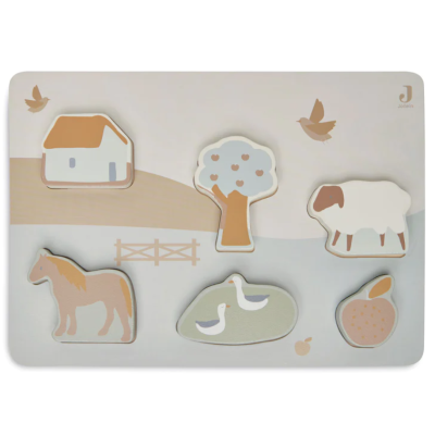 Quebra-cabeça infantil de madeira com peças de animais e objetos da fazenda em cores suaves