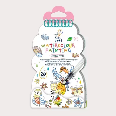 Livro de pintura aquarela infantil Haku Yoka com desenhos de fadas e animais e pincel de água