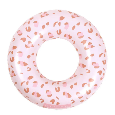 Boia insuflável redonda com padrão de manchas cor-de-rosa e castanhas