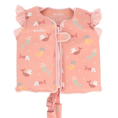 Colete de natação cor-de-rosa com padrão de gatos sereias e fecho frontal