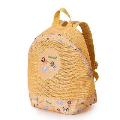 Mochila infantil amarela com padrão de animais selvagens