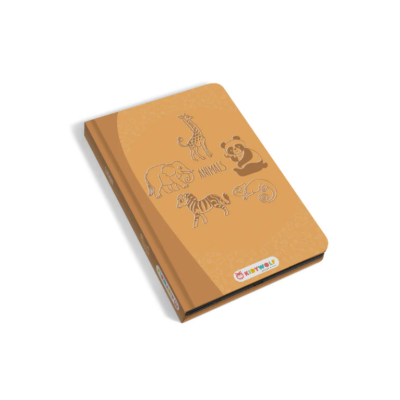 Livro de capa dura castanha com desenhos de animais e texto ANIMALS