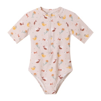 Fato de banho infantil creme com padrão de sereias de gatos e fecho frontal