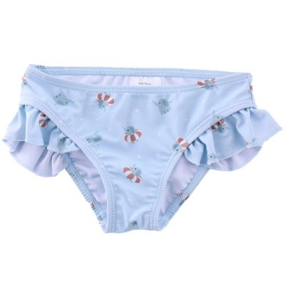 Cueca de criança azul clara com padrão de abelhas e folhos nas laterais