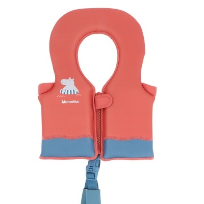 Colete salva-vidas infantil coral com bainha azul e ilustração de hipopótamo.