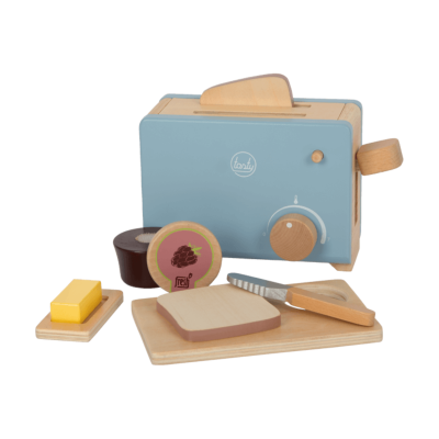 Torradeira brinquedo madeira azul com acessórios de pão e manteiga