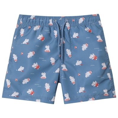 Calções de banho azuis com padrão de hipopótamos brancos e bolas de praia