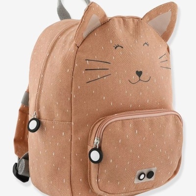 Mochila infantil castanho claro com rosto de gato desenhado e orelhas