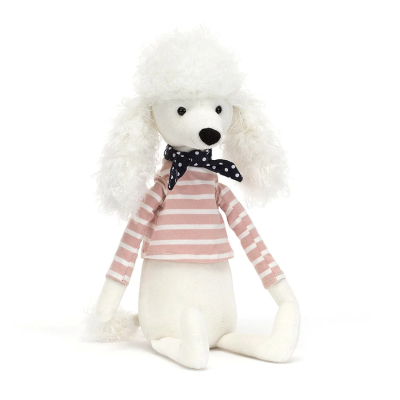 Pelúcia de cão poodle branco com camisola às riscas