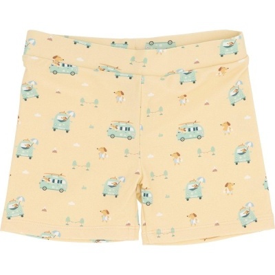 Calções de criança amarelos com padrão de carrinhas e cães