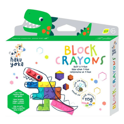 Caixa branca de giz de cera em bloco com imagem colorida de dinossauro T-Rex feita de blocos coloridos