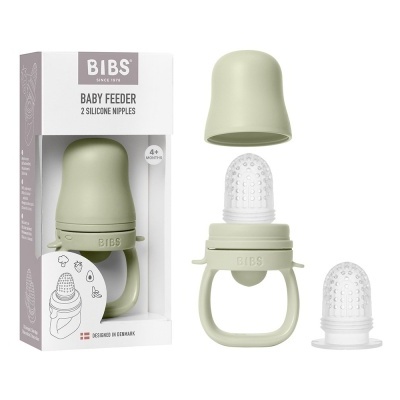Conjunto alimentador para bebé BIBS com 2 bicos de silicone, embalagem branca e cinza.