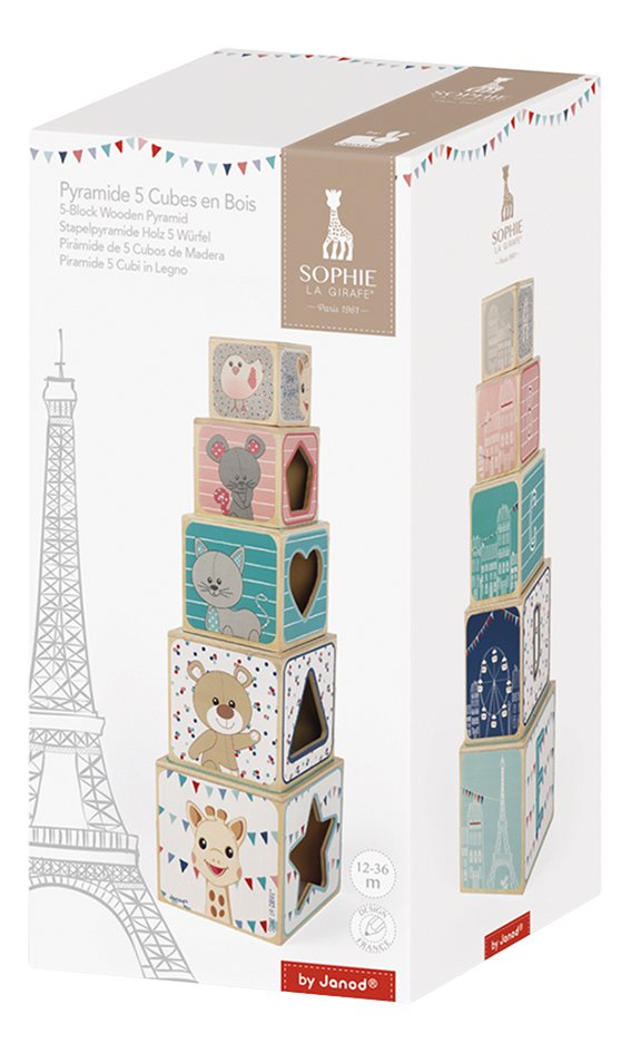 Piramide 5 Cubos de Madeira Sophie la Girafe JO9503 jnd +12 meses Embalagem de brinquedo empilhável com 5 cubos de madeira coloridos e estampados com animais.