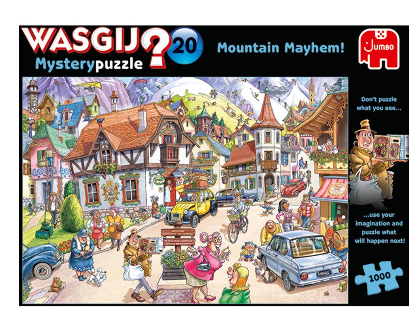 Puzzle Jumbo 1000 Wasgij Mystery 20 25002 Capa de puzzle Wasgij Mystery puzzle 20 Mountain Mayhem com ilustração de vila montanhosa e várias pessoas