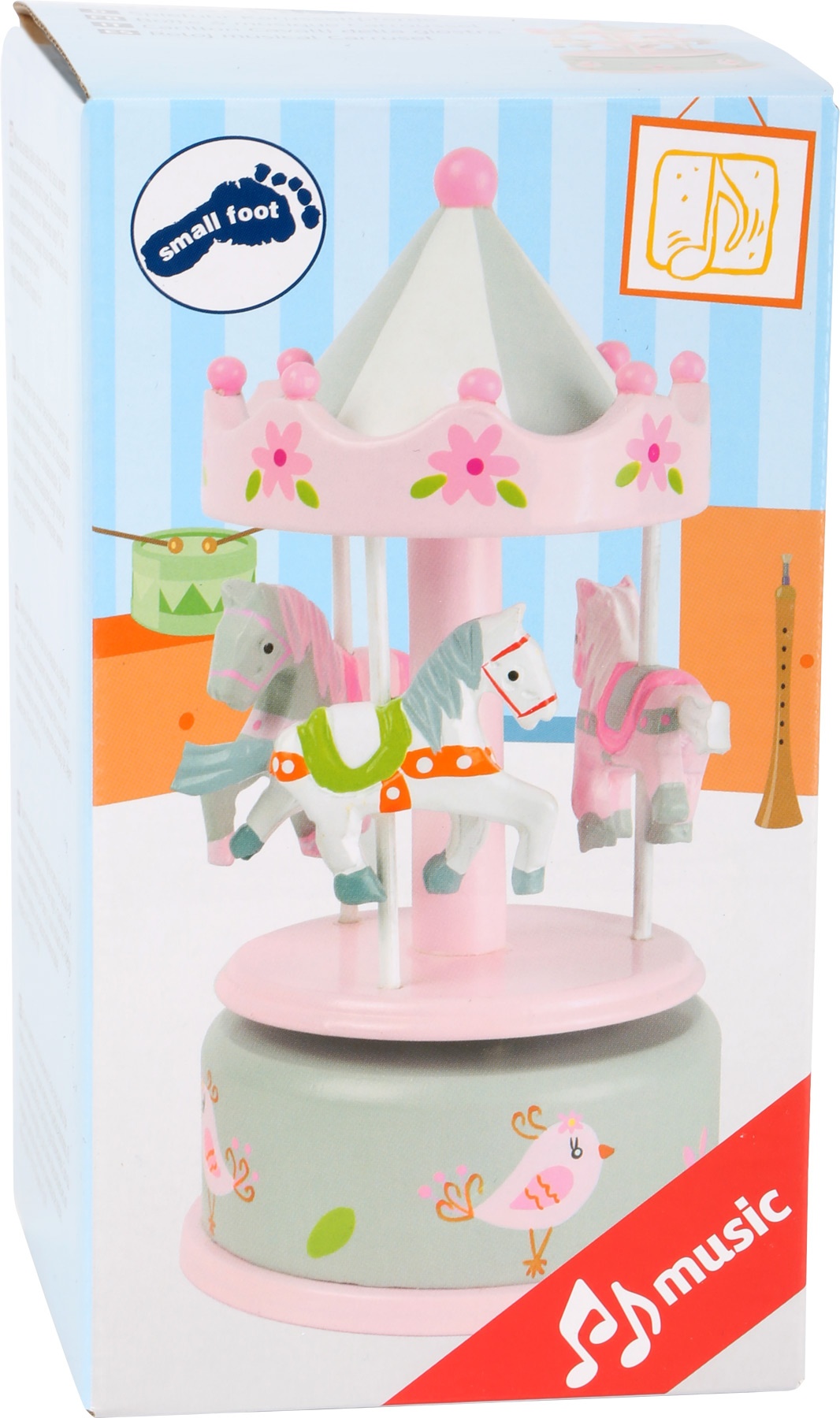 Caixa de música rosa com carrossel de cavalos e decoração floral.