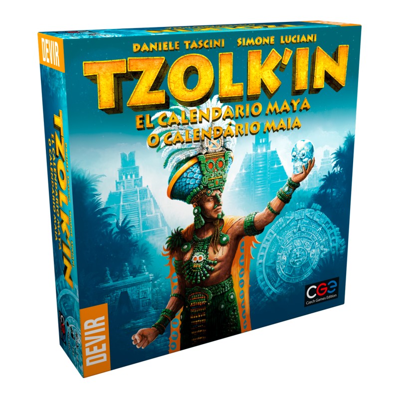 Jogo Tabuleiro Tzolk´In O Calendario Maia 6331 +14anos Devir Caixa do jogo TZOLK'IN EL CALENDARIO MAYA O CALENDÁRIO MAIA com imagem de um guerreiro maia e templos antigos.