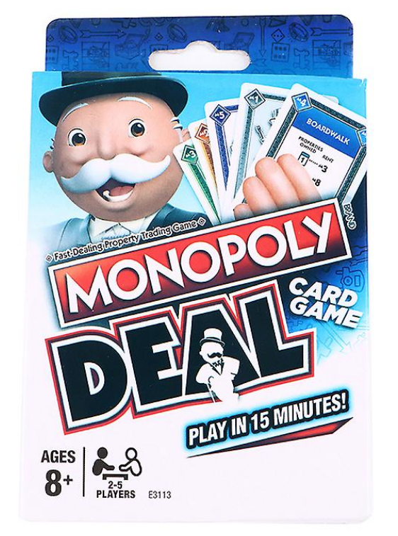 Jogo de Cartas Monopoly Deal +8 anos E3113 Hasbro Embalagem do jogo de cartas Monopoly Deal com personagem e texto informativo