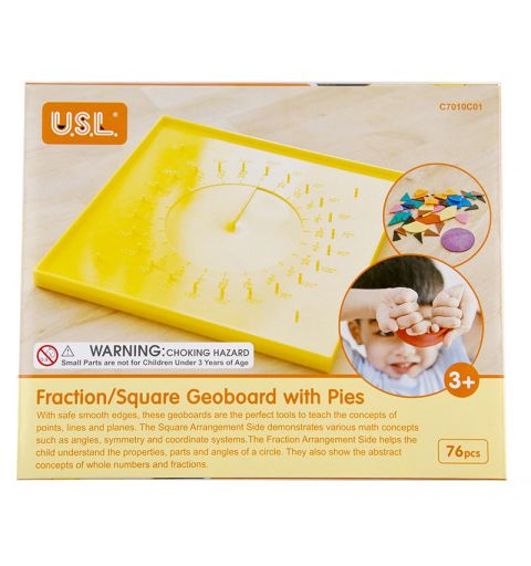 Set Frações e Geometria c/Geoplano 76 Peças C7010C01 Tabuleiro geográfico de frações e quadrados amarelo com pinos em embalagem