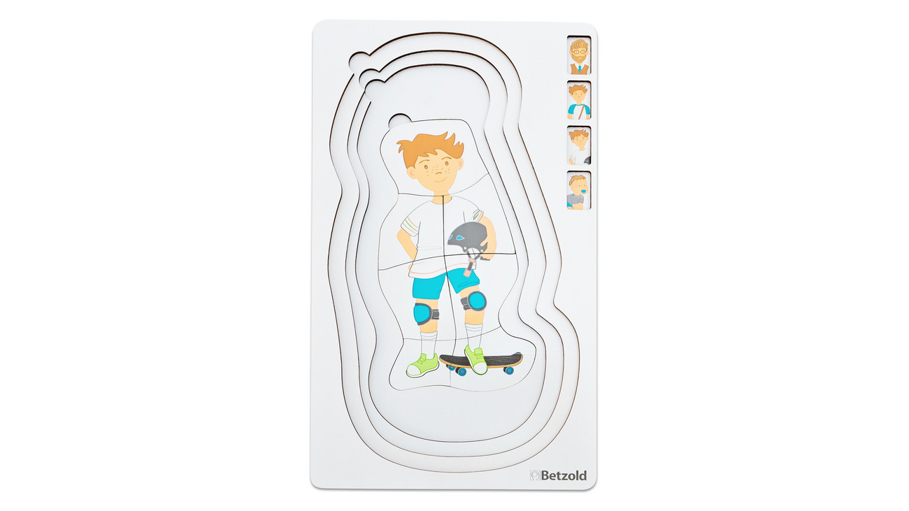 Puzzle de Camadas Etapas Crescimento Menino 28pçs 761584 Puzzle de madeira ilustrando menino com skate e equipamentos de proteção.