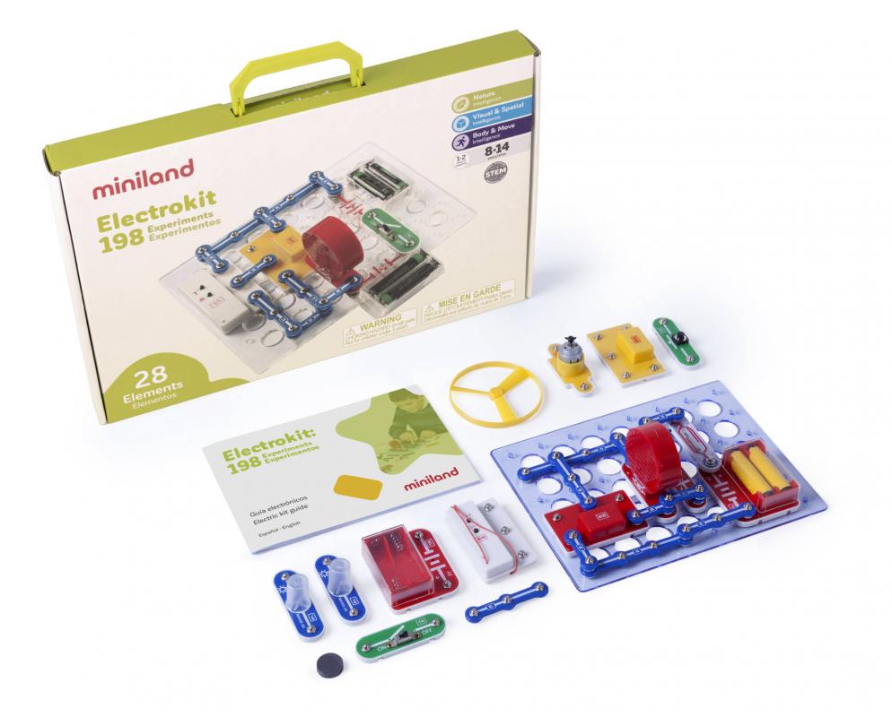 Electrokit 198 Expêriencias +8 anos Steam 99116 Miniland Kit educativo Miniland Electrokit 198 com peças eletrónicas e caixa