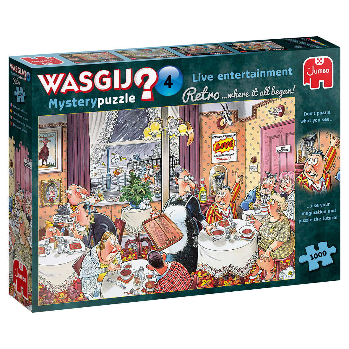 Puzzle Jumbo 1000 Wasgij Retro Mystery 4 19177 +12anos Caixa de puzzle Wasgij Mystery Puzzle 4 Retro com cena retro de restaurante e 1000 peças