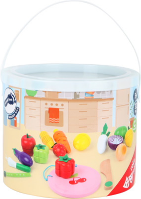 Baldes de brinquedos de legumes coloridos para crianças com cenário de cozinha no balde